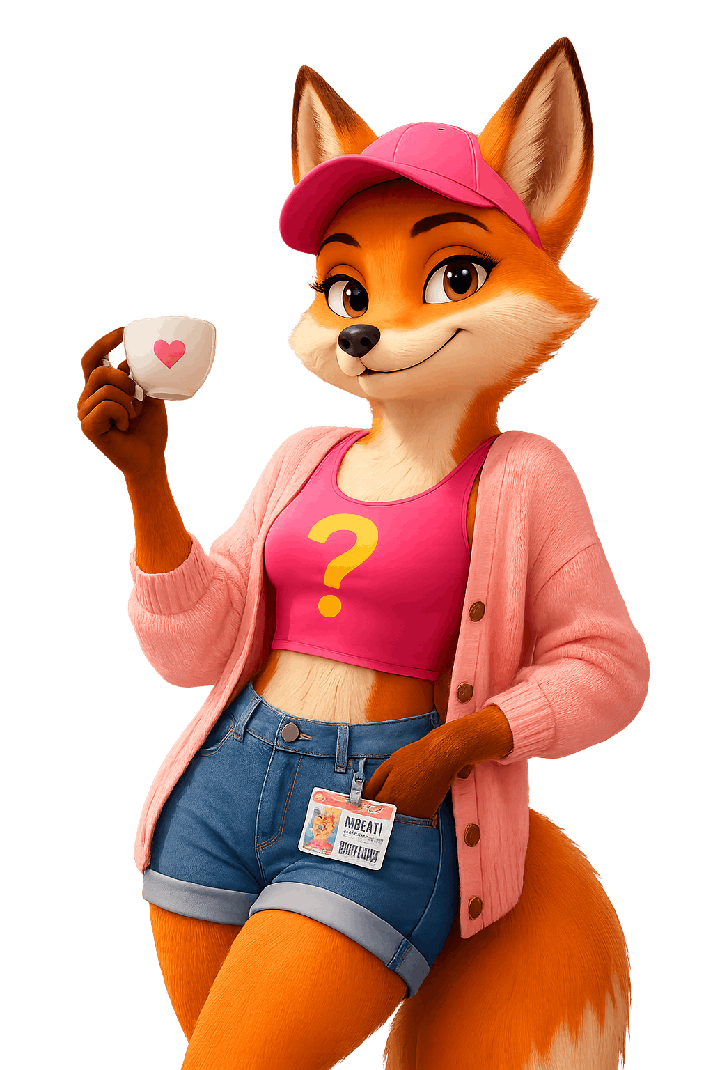 Quizly fox mascot holding a coffee with a heart on the cup
